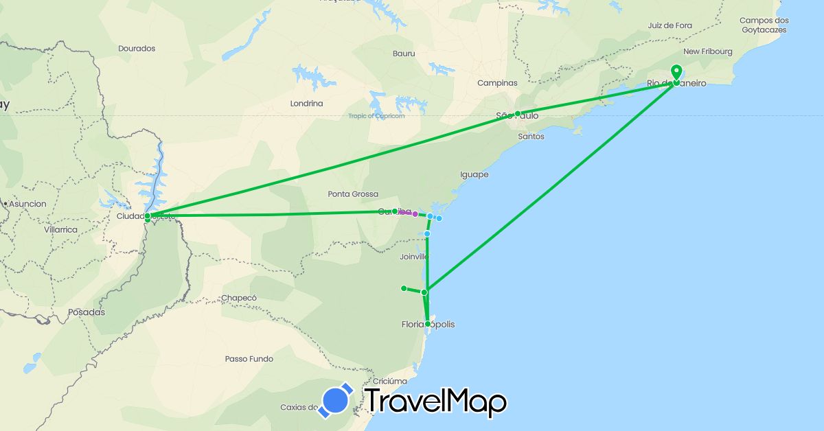 TravelMap itinerary: driving, bus, train, boat in Argentina, Brazil (South America)